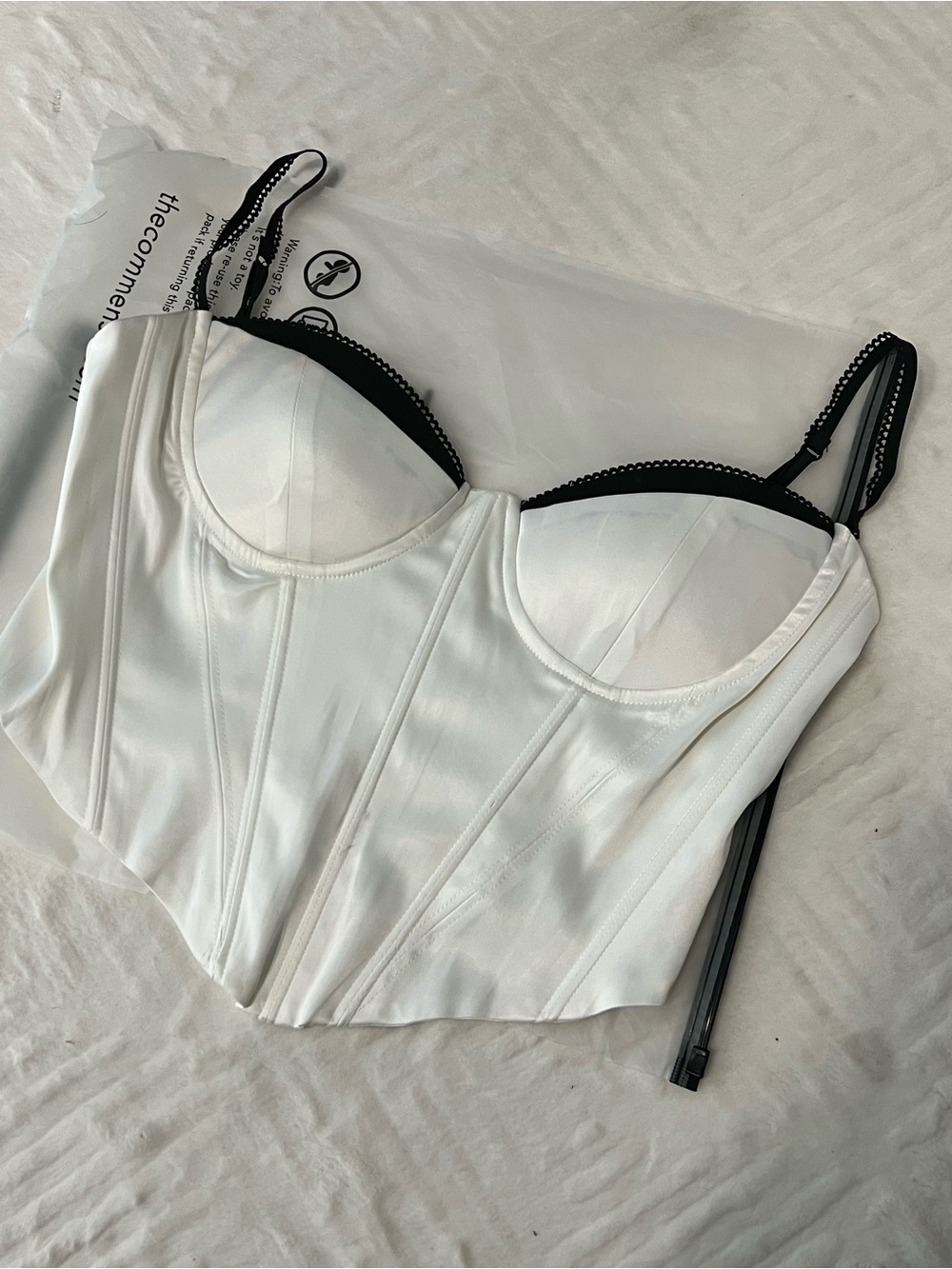 COMMENSE White XS Satin Bustier Crop Top with Black Trim - Picture 2 of 5